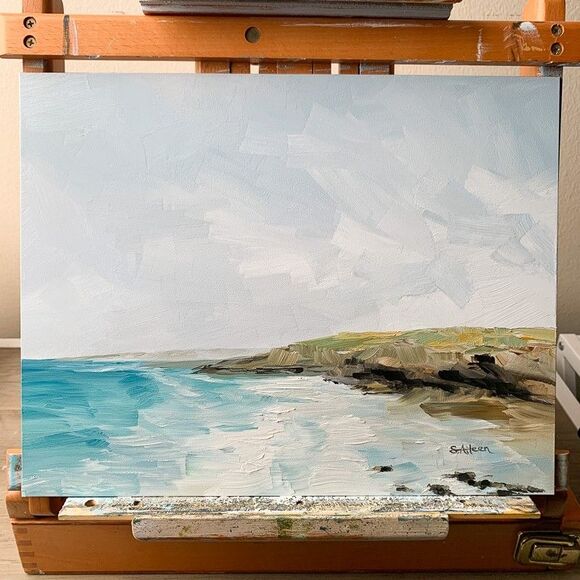 Gold Framed Original Oil Painting Coastal Seascape Blue Sky Water 14x17" Signed - Picture 5 of 10